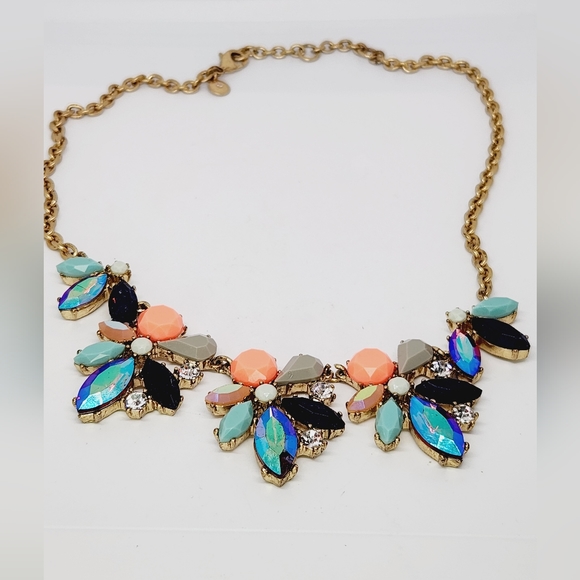 J Crew Rhinestone AB Chunky Colorful Faux Stone Bib Statement Gold Tone Necklace - Picture 2 of 6